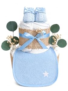 Windeltorte Blau mit Lätzchen & Booties – personalisierbar mit Name | handgemachtes Geschenk zur Geburt für Jungen, Babyparty & Taufe (unbedruckt)