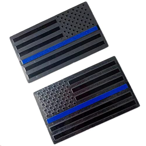 Image of 2 PCS Flag Badges 3D Embossed Stars Zinc Alloy Chrome Regular Orientation and Reverse Orientation,Patriotic Flag,for All Car, Truck or SUV (Black with Blue Line)