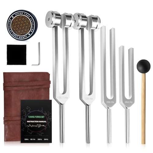 Awzhmy Tuning Forks for Healing Set 128Hz 136.1Hz 256Hz 384Hz Weighted & Unweighted Resonance Sound Therapy Tuning Fork Set Healing Instruments for Meditation Yoga Chakra Balance