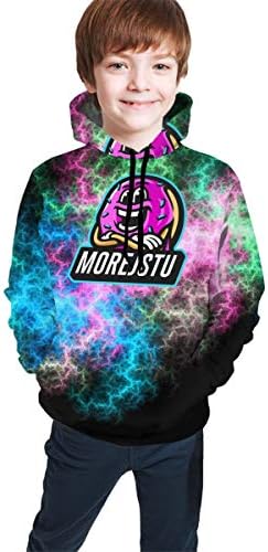 FactoryQuality Children's MoreJStu Fashion Print Sweatshirt Boys and Girls 3D Print Pocket Pullover with Hats L(14-16)