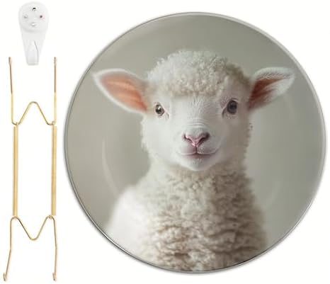 10.6 Inch Baby Lamb Sheep Portrait Melamine Decorative Plate with Metal Hangers, Cute Farm Animal Wall Hanging Plate for Nursery Kids Room Wall Decor