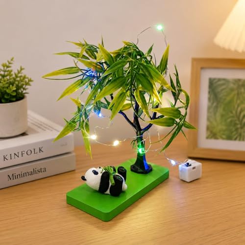 Image of Artificial Bamboo Tree with LED Fairy Lights & Cute Panda Figurine - Decorative Bonsai Table Lamp for Home Decor, Bedroom, Living Room, Office Desk, Night Light Gift (22 cm)