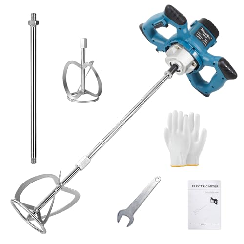 Electric Concrete Mixer 1300W 6-Speed Adjustable Cement Mixer with 2 Mixing Paddles & 2 Extension Rods Handheld Mud Mixer for Construction Renovation and DIY Projects
