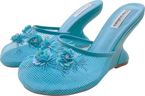 Women's Mesh Mule Slip On Sandals With Floral Sequin Embellishments Round Toe Wedge Heel Slides Slippers 4 Inch3