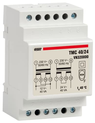 Potenza: 40VA VEMER VN320800 TMC 40/24 - Trasformatore 24V per Servizio Continuo, Installazione su Barra DIN, Potenza 40V, Bianco