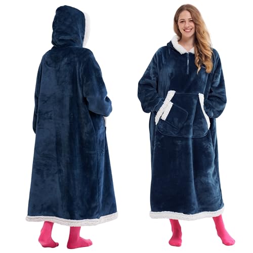 Giggling Getup Wearable Blanket Hoodie for Women Men Gifts for Women Mom Wife Sherpa Fleece Long Hooded Blanket Sweatshirt Cozy Sherpa Wearable Throw with Pocket & Sleeves for Adult Standard Navy