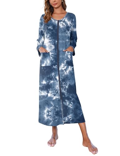 Ekouaer Women Long House Coat Zipper Front Robes Full Length Nightgowns with Pockets Striped Loungewear S-4XL