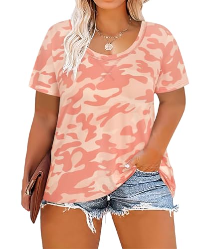 Image of CARCOS Plus Size Tops for Women Short Sleeve Shirt Summer Star /Leopard /Tie Dye /Flower Crewneck Pullover Tunic XL-5XL