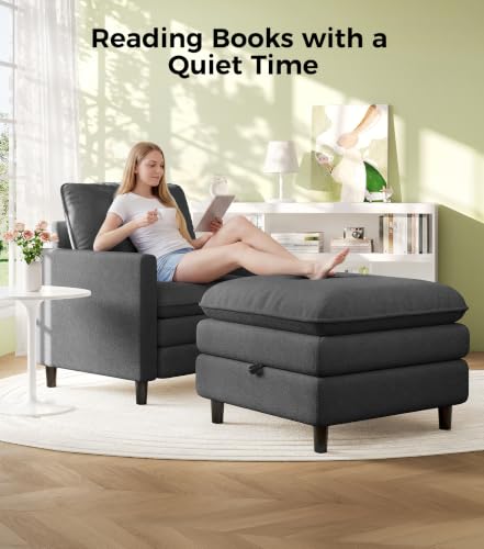 Image of Welzona 3-Layers Cloud Accent Chair with Ottoman, 33 inch Teddy Reading Chair | Comfy Teddy Fabric, Washable Covers, Tool-Free Setup, All-wood Arm Chair and Ottoman Sets for Living Room, Bedroom, Grey