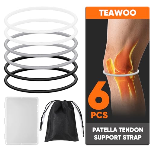 TEAWOO 6PCS Patellar Tendon Support Strap (Black/White/Gray 2 Each) Knee Pain Relief Patella Bands for Sports Elastic Silicone Knee Brace for Men & Women Portable for Gym Running Basketball