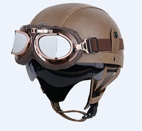 Casco de moto abierto retro media cara de cuero con gafas para chopper