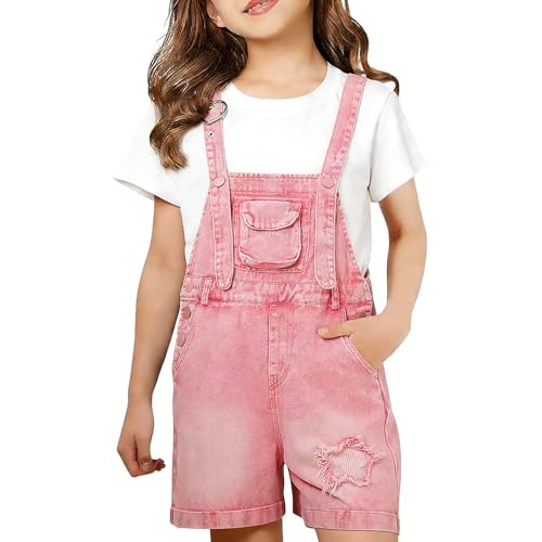 Teen Girls Denim Bib Overall Shorts Star Embroidered Wide Leg Shortalls with Pockets Kids Casual Adjustable Strap Romper Tween 2026 Summer Cute Outfits SleevelessShort Jumpsuit Pink Size 15-16 Years