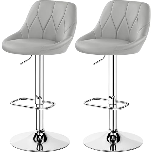 Yaheetech Juego de 2 Taburetes de Bar de Altura Ajustable 86-107,5 cm Sillas de Bar Asiento Giratorio Reposapiés Cuadrado Estructura de Metal Gris Claro