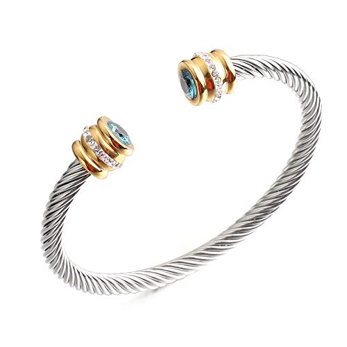 Birthstone Bangle Cable Wire Twisted Bangles Designer Inspired Cuff Bracelets for Women jewelry Girls Teens Christmas Gifts (3 March-light blue)