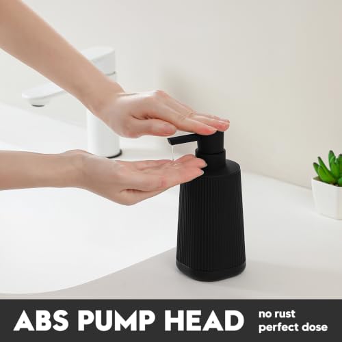 Image of YAUKPH Small Soap Dispenser for Bathroom and Kitchen Black Silicone Base | Modern Farmhouse Striped Style Plastic Hand Soap Dish Soap Dispenser with Pump