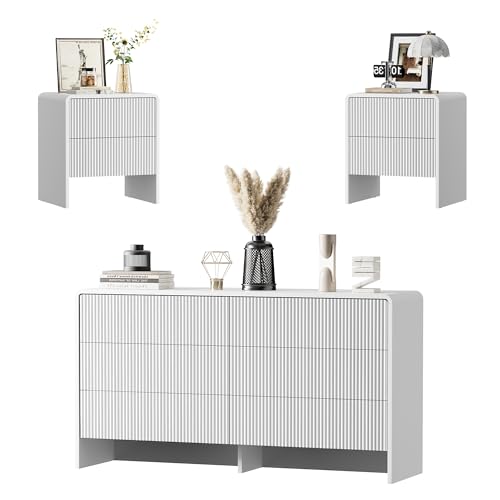 Image of Furniway 3 Piece Bedroom Dresser Set, 6 Drawer Dresser with 2 Nightstands, Fluted Chest of Drawers with Pop-Up Design, Modern Storage Furniture for Bedroom, Living Room, Entryway, White
