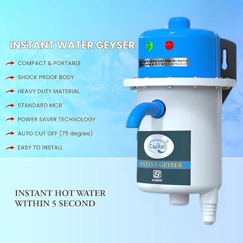 Image of CAPITAL Instant Water Geyser 1 L | Portable Instant Water Heater | ABS Shockproof Body | Auto Safety Cut-Off | Fast Heating for Home, Office, Restaurant & Kitchen Use (Blue-White)