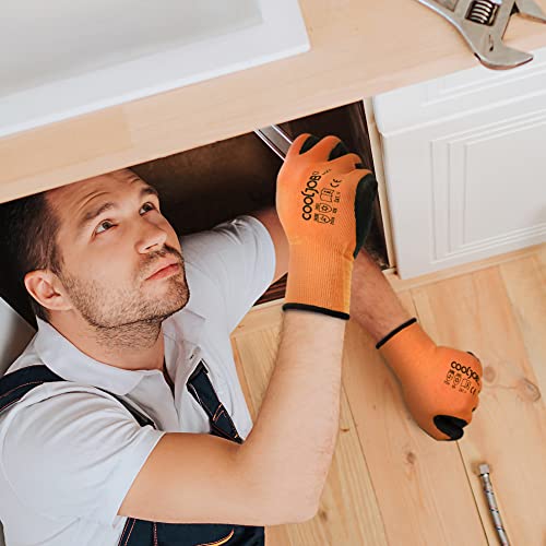 Cooljob Large Size Rubber Coated Safety Work Garden Gloves For Men Women, 3 Pairs Non-Slip Crinkle Latex Grip Gloves Pack Palm Dipped, Snug Fit Reusable Washable, High Visible Fluorescent Colors #TOP2