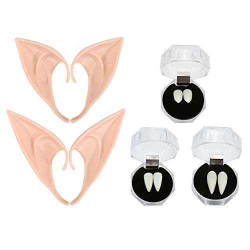 CCbeauty Vampire Teeth with Boxes Halloween Elf Ears for Cosplay Accessory Halloween Party,Light Color Elf Ear + Teeth Set