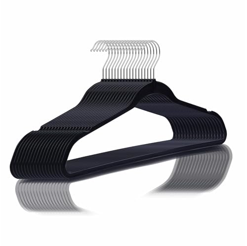 Image of Slim Plastic Hangers for Clothes - Heavy Duty Non-Velvet Hangers with 360 Swivel Chrome Hook & Non Slip Notches - Ideal for Dresses Coats Shirts Jackets & More (Black, 18)