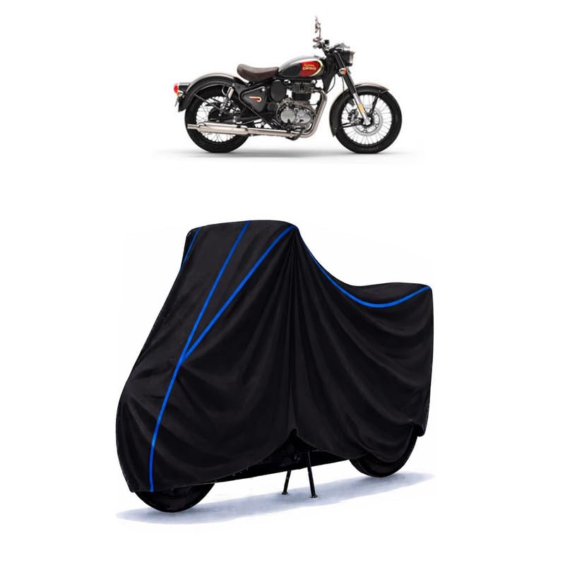 Image of Classic 350 Chrome Bike Cover Water Resistant Universal Motorcycle Rain | Heavy Duty UV Protection, Dust, Scratch Indoor Outdoor All Weather with Black Blue Piping Elastic