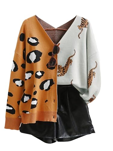 DERAX Women's Oversized Leopard Tiger Print Cardigan Sweaters V Neck Long Sleeve Color Block Loose Fit Button Down Jacket