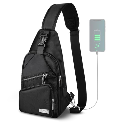 AMJ Crossbody Sling Bag Men Women, Casual Shoulder Backpack, Chest Daypack Satchel for Hiking Travel Black Large