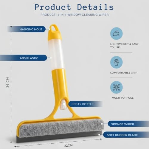 Image of Solitude 3-in-1 Window Cleaning Scraper | Spray Squeegee with Built-in Spray Bottle | Replaceable Sponge | Glass Cleaner Wiper for Home, Car, Bathroom & Mirrors (Multicolor)