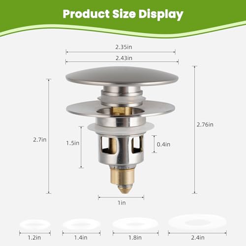 Image of Universal Bathroom Sink Drain Stopper Strainer, 2PCS, Brushed Nickel | 2 in 1 Pop Up Sink Stopper for 1.1''~2.36'' Sink Basin Hole, Hair Catcher with Removable Stainless Steel Filter Basket