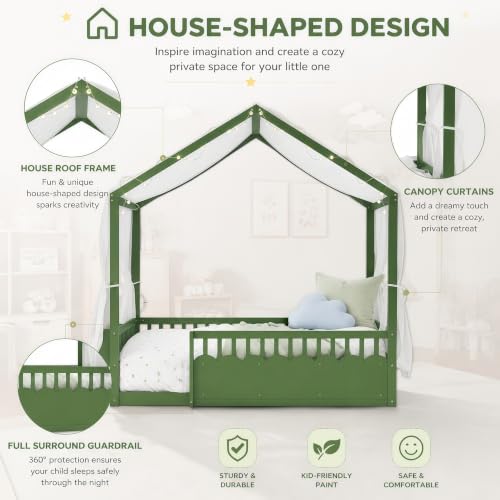Image of Bellemave Full House BedFrame with Canopy, Montessori House Bed with LED and Bookshelf and Rails for Kids, Green