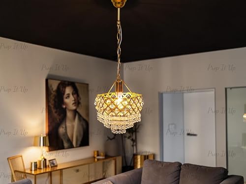 Image of Prop It Up Crystal Chandelier with Gold Frame for Home, Glass Crystal Beads Pendant for Hall, 25 Inch Chain Length, 9 Inch Diameter, Without Bulb