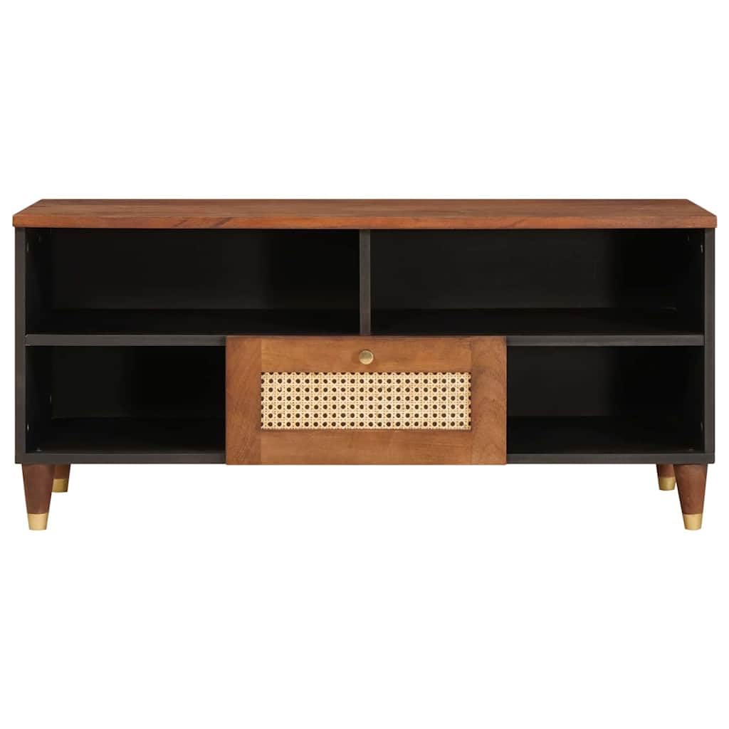 Mobile TV con mensola in legno di mango massiccio, marrone, 100 x 33,5 x 46 cm, con cassetto e vano portaoggetti, per soggiorno, console multimediale e rack HiFi