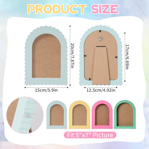 Image of Rainmae 4 Pack Colorful Scalloped Picture Frames 5 x 7 Inch Cute Arched Picture Frames for Desktop Display Photo Frame Wood Home Decor Wedding Graduation Gifts(Pink, Green, Yellow, Blue)