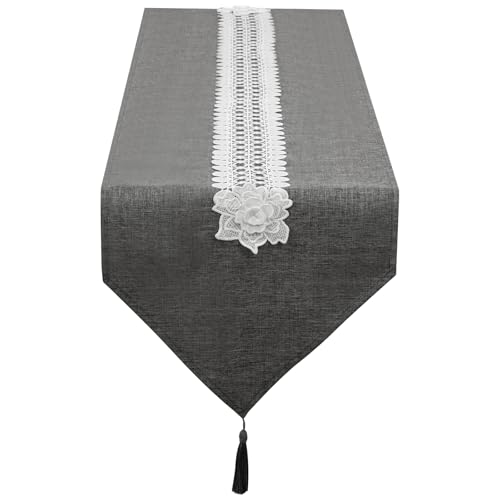 SANLEHAUSE Camino de Mesa de Lino Gris 40 x 250 cm Moderno, Camino de Mesa con Borlas Bordadas, Liso, Elegante y de fácil Cuidado para Mesa de Comedor, Mesa de Centro, Restaurante, Decoración