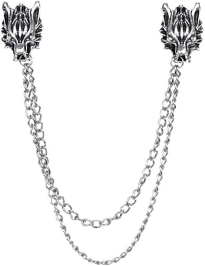 Punk Wolf Pin Brooch for Men's Suits - Silver Chain Tassel Buckle Neckwear Accessory