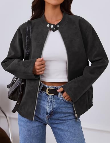 MEROKEETY Women's 2025 Faux Suede Bomber Jackets Trendy Long Sleeve Zip Up Fall Winter Coat Outerwear2