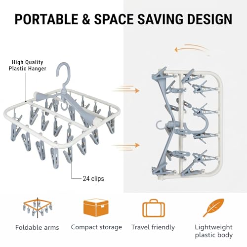 Image of Premium Cloth Drying Hanger Rack(24 Clips) 360 Degree Portable & Rotatable Clips,Baby Clothes Hanger, Foldable Hanger (Grey)