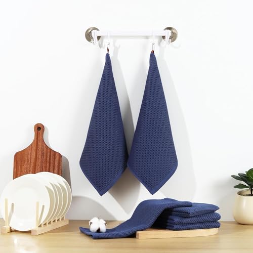 Image of Cotton Kitchen Dish Cloths, 6 Pack Super Absorbent and Lint Free Waffle Weave Dish Towels, Fast Drying Dish Rags for Washing Dishes, 13.4 X 13.4 Inch, (Dark Blue, Pack of 6)