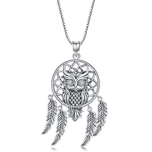 Preisvergleich Produktbild Sterling Silber Eule Halskette, Traumfänger Halskette für Frauen Männer, baumelnde Feder Anhänger 18 Kette, Vintage Eule Schmuck Glück Amulett Geschenk für Teen Girl Frauen - Oxidierter Effekt