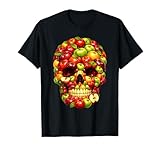 Produrre il design del cranio della mela di stile grossista fatto da mele fresche rosse, verdi e dorate, l'estetica dell'esposizione della frutta del mercato degli agricoltori, alto contrasto, sguardo vettoriale pulito, colori audaci, sfondo trasparente, grafica merch-ready centrata