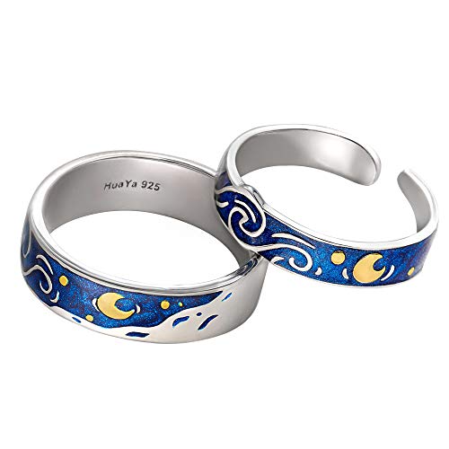 Image of Thaya 925 Sterling Silver Van Gogh's Sky Couple Rings Bright Shining River /Bee Promise Rings Blue Open Band Ring Engagement Romantic Jewelry Ring Size 5-8 Jewelry Gift for Women and Girls