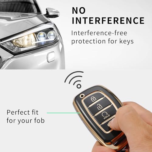 Image of TPU Car Key Cover Black & Golden Compatible for Hyundai Creta, Venue, I20 (2021),Alacazar, Elantra, Tuscon (Hyundai, 4 Button Push Smart Key New)