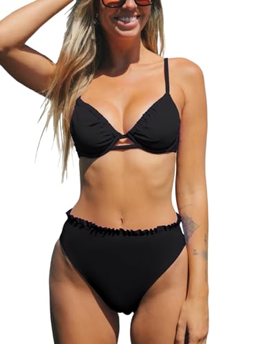 Image of CUPSHE Women Swimsuit Bikini Set High Waisted Two Piece Bathing Suit | Soft Removable Cups, Triangle Top, High Waist, Adjustable Spaghetti Straps, Cut Out, Swimwear For Vacation And Beach