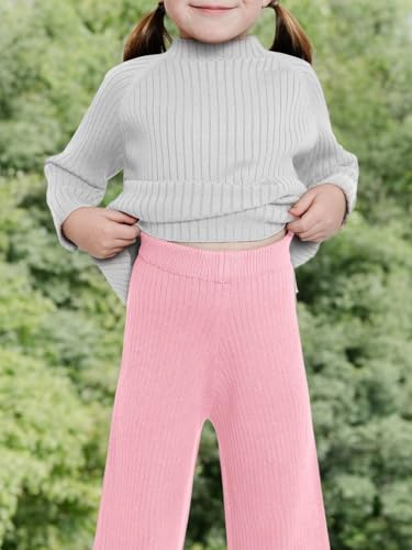 Image of Haloumoning Girls Solid Rib Knit Wide Leg Pants Elastic Waist Flowy Casual Sweater Pants 5-14 Years