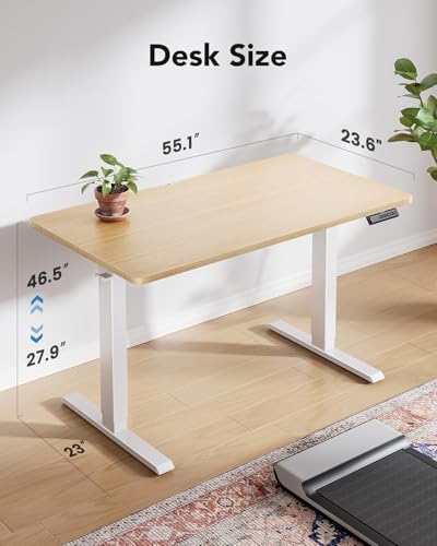 HUANUO 55" x 24" Electric Standing Desk Adjustable Height, 4 Memory Height Settings, Headphone Hook, Cable Manager, Sit Stand Up Desk for Home Office & Computer Workstation, Natural