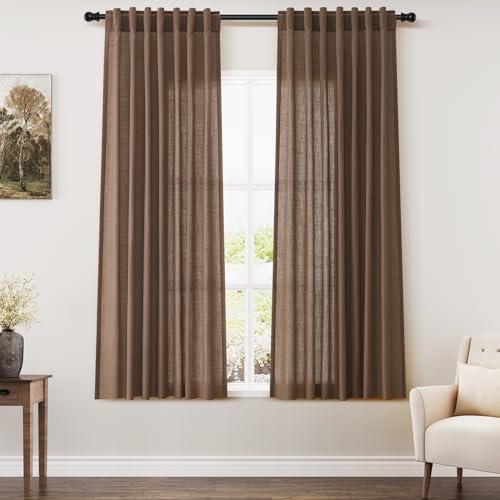 Image of Linen Curtains 63 Inch for Living Room Caramel Brown 2 Panels