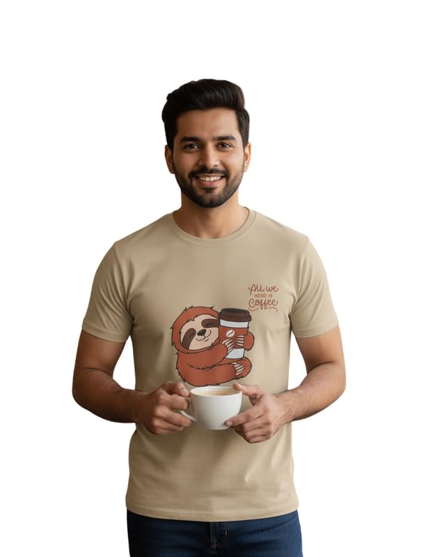 Image of Cute Coffee Sloth Unisex T-Shirt | Regular Fit Round Neck Casual Cotton Tee for Men & Women Sand Beige