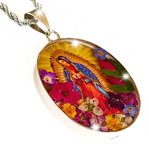 Virgin Mary Necklace Lady of Guadalupe Pendant Mary Medal Pressed Flower 925 Sterling Silver with 20