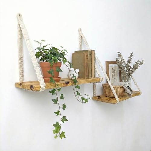 Image of Decazone Macrame Wall Shelf Set of 2 - Handwoven Cotton Rope Hanging Shelves with Pine Wooden Planks for Home Decor, Living Room, Bedroom & Balcony.