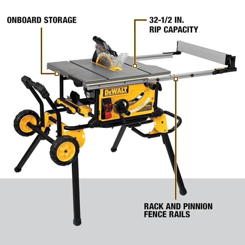 DEWALT Table Saw 10 Inch with Foldable Rolling Table Saw Stand, 15 Amp, 4800 RPM, 32-1/2-Inch Rip Capacity (DWE7491RS)